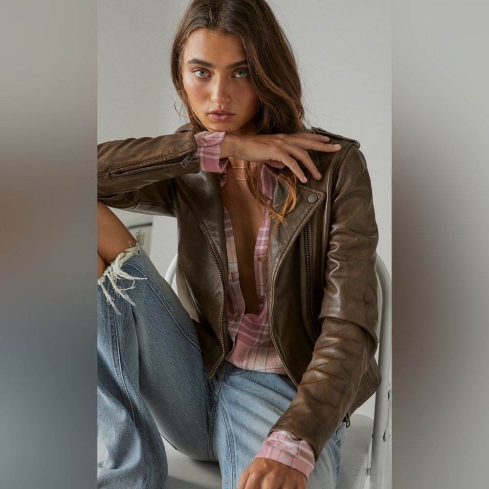 Lucky Brand Brown/Beige Classic Leather Moto Jacket XL